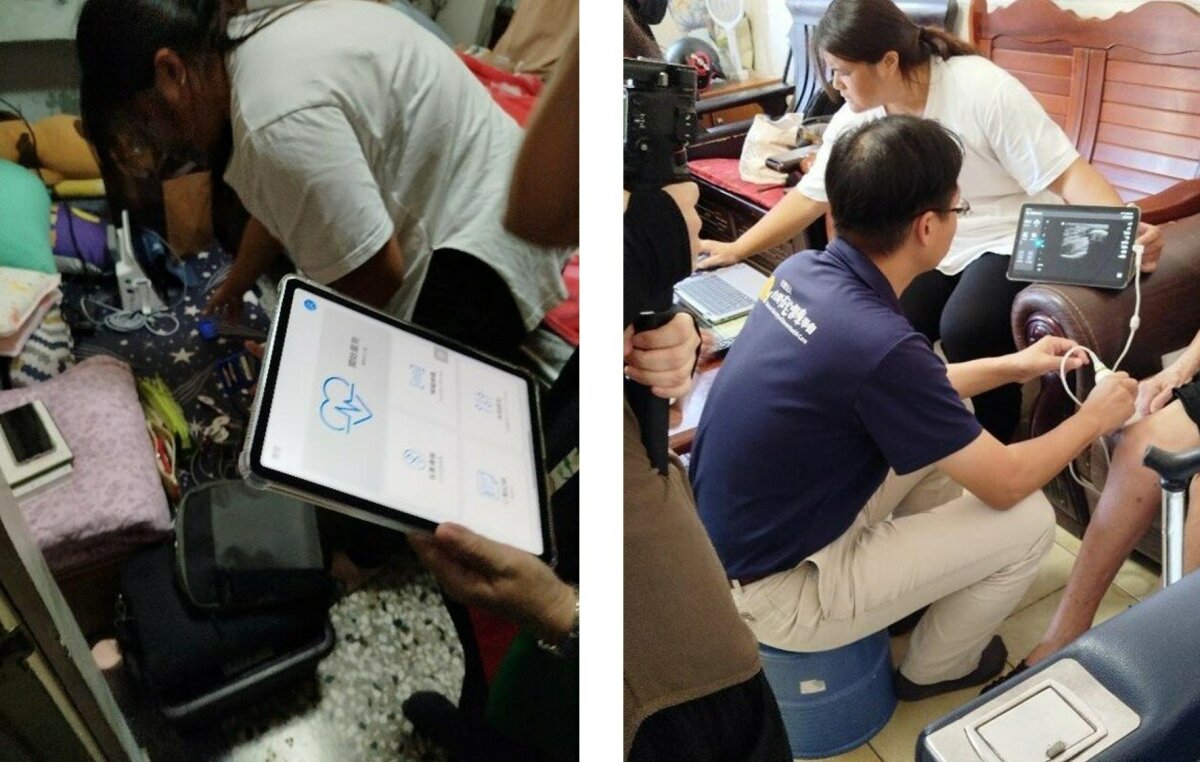 圖2、醫療團隊用12導心電圖觀察病人。圖3、余醫師使用手持式超音波進行檢查。(圖片來源/資策會科法所)