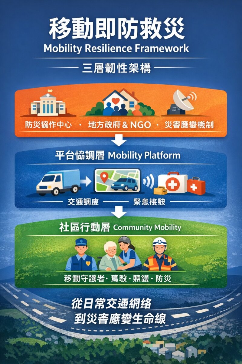 「三證合一」的社區防救災守護，當災難發生時，在地接送司機則可快速化身為社區中最敏捷的「救援動脈」。(圖片來源/侯勝宗)